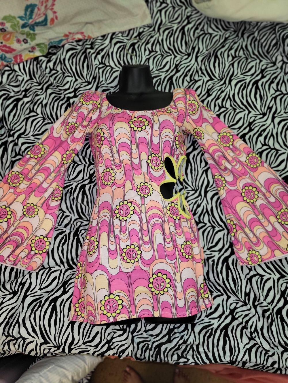 70s vibe y2k Pink, white, and yellow psychedelic Retro hippie swirl top